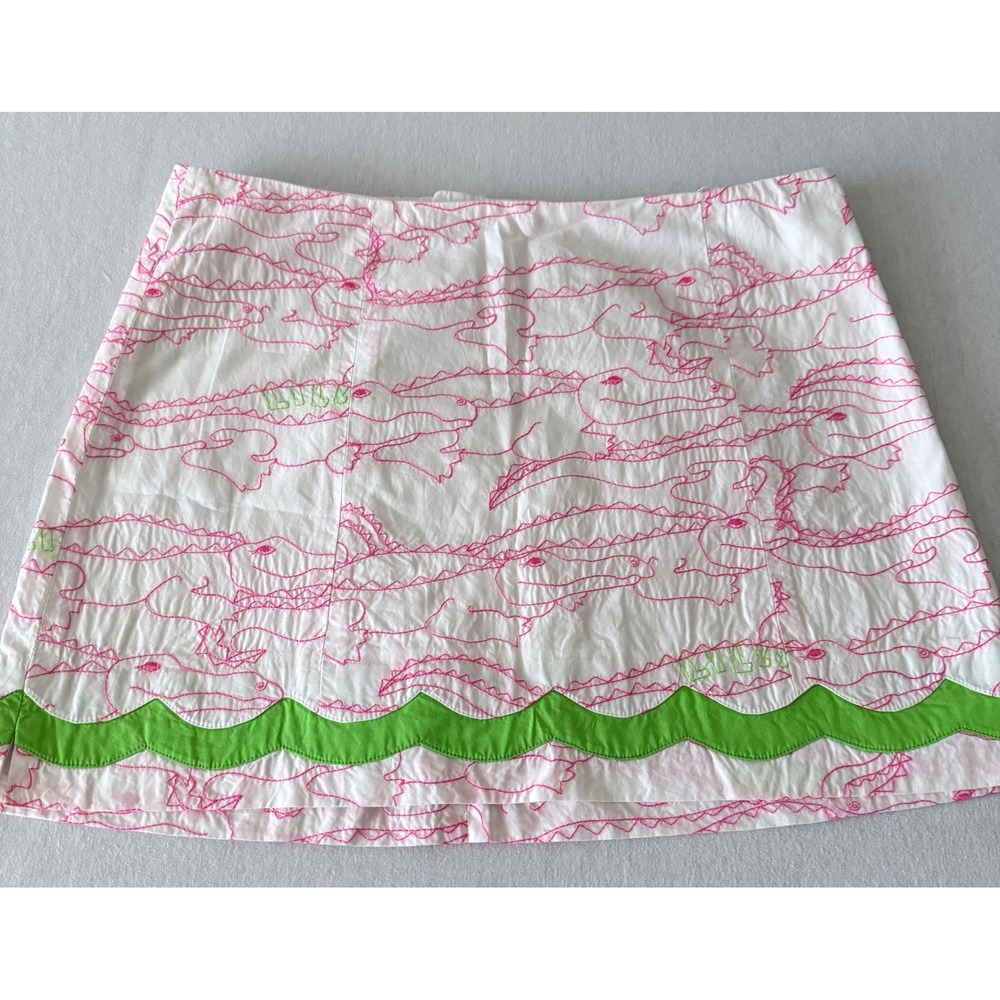 Lilly Pulitzer Skort Women 4 Pink Alligator Embroidered Scallop Hem White Cotton